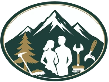 Trinity County Duo emblem: a couple standing before a mountain and pine tree with a broom, wrench and trowel.